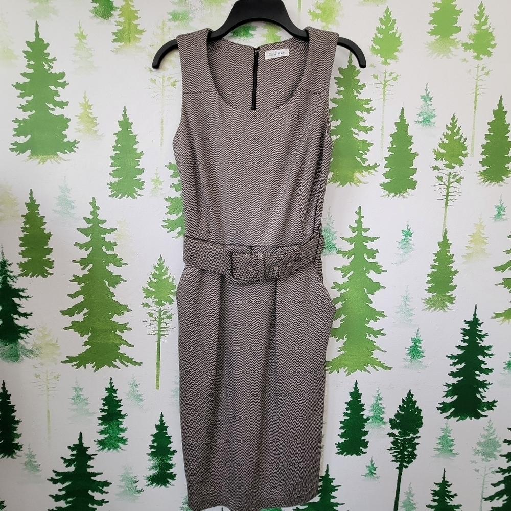 Calvin Klein Grey Belted Sleeveless Dress.